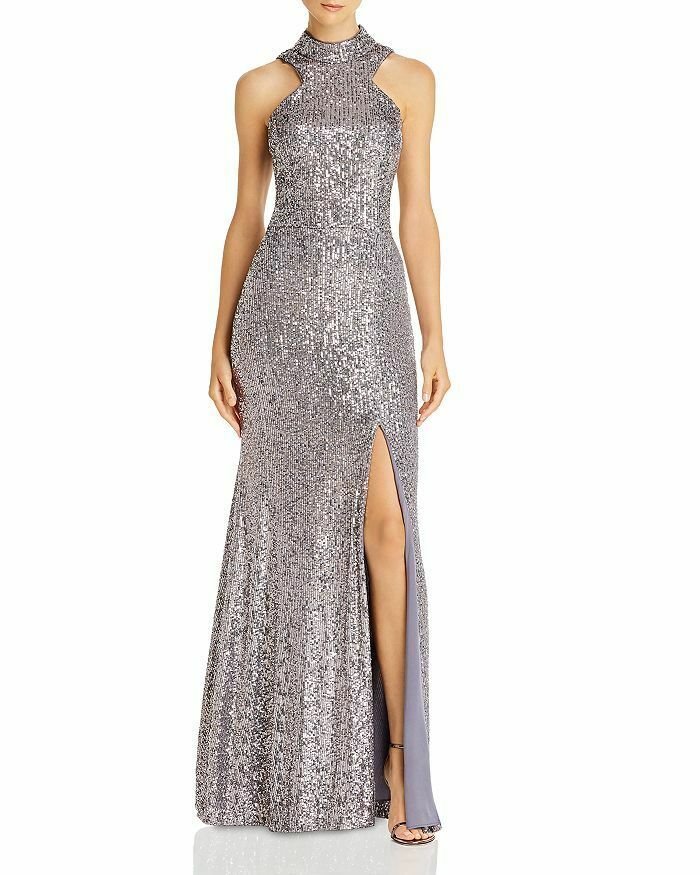 Fit and Flare Cold Shoulder Sequin Gown With Side Split - Solo Stylez