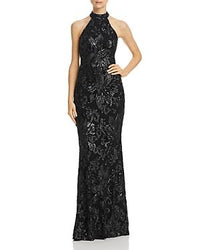 Mock-Neck Floral Print Form Fitting Sequined Gown - Solo Stylez