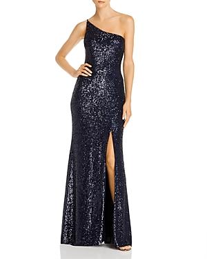 Navy Sequined Slitted Sleeveless Asymmetrical Neckline Full-Length Sheath Formal Dress - Solo Stylez