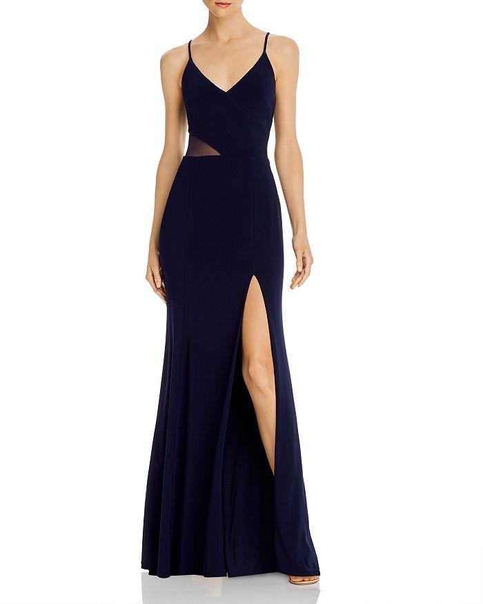 V-Neck Form Fitting Illusion Gown With High Split - Solo Stylez