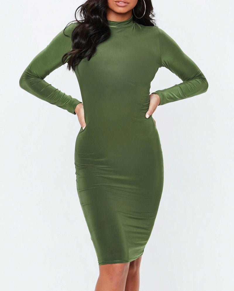 Long Sleeve High Neck Bodycon Midi Dress - Solo Stylez