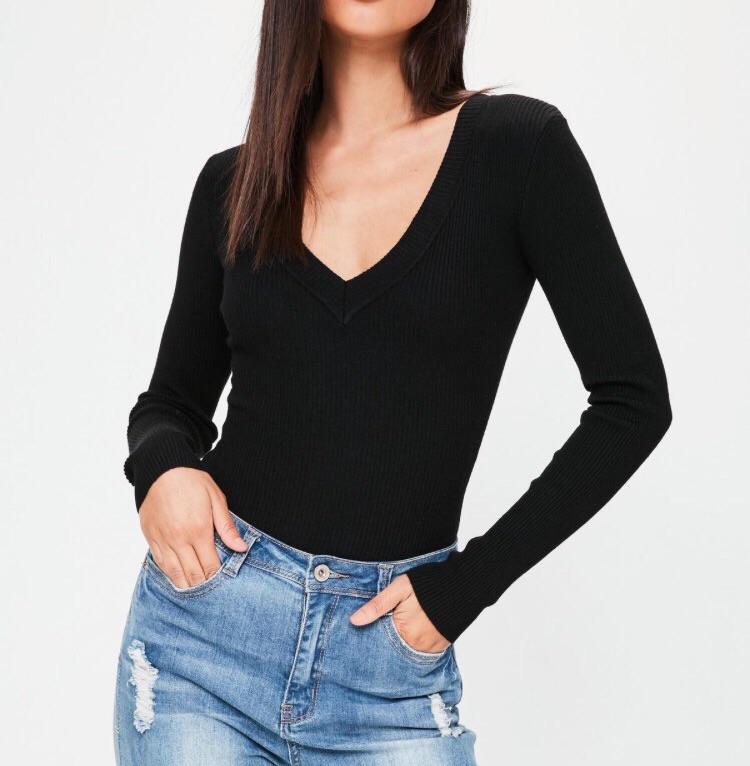 Long Sleeve Plunging V-Neck Bodysuit - Solo Stylez