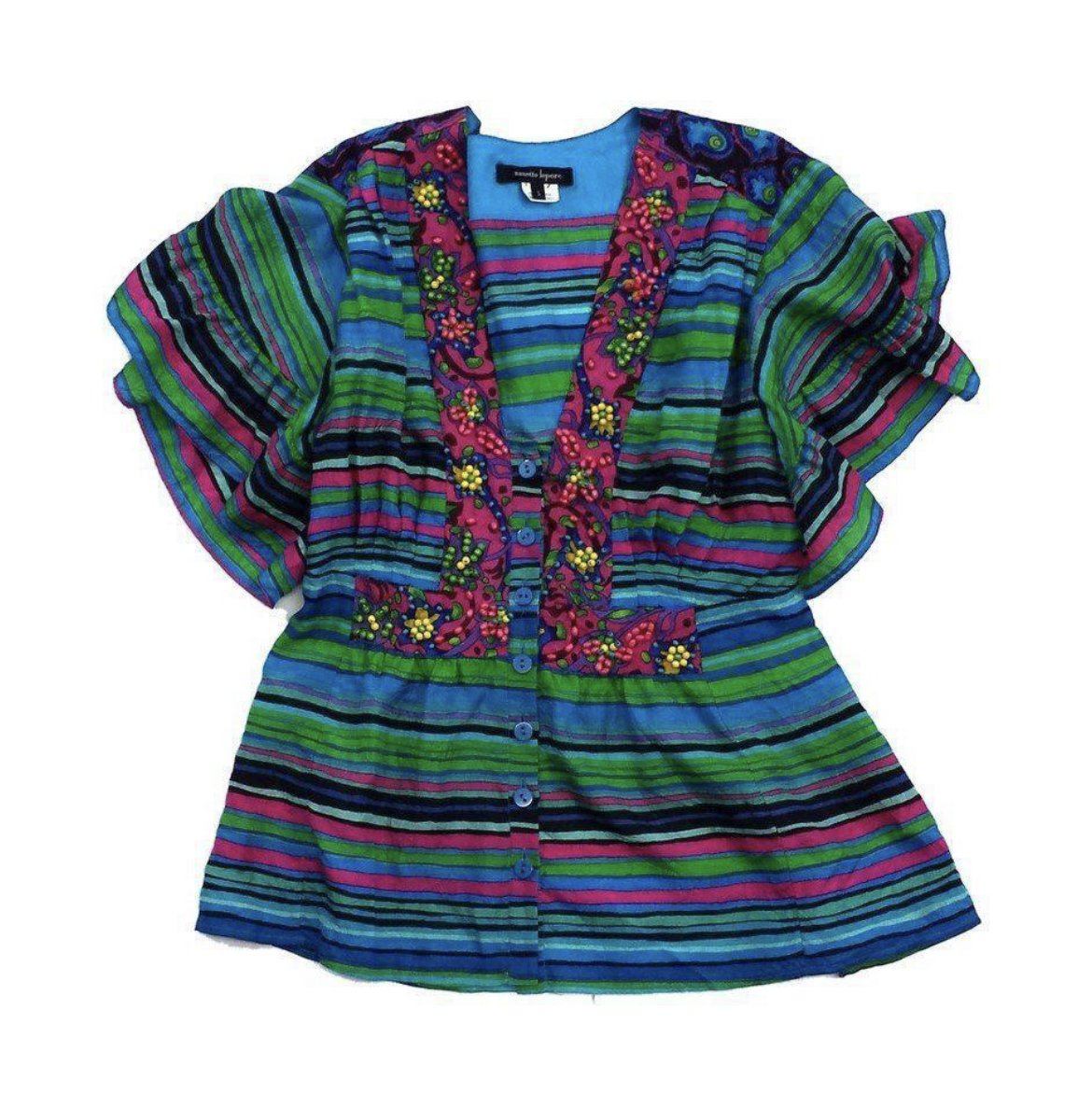 Multi Color Striped Beaded Silk Blouse Size 8 - Solo Stylez