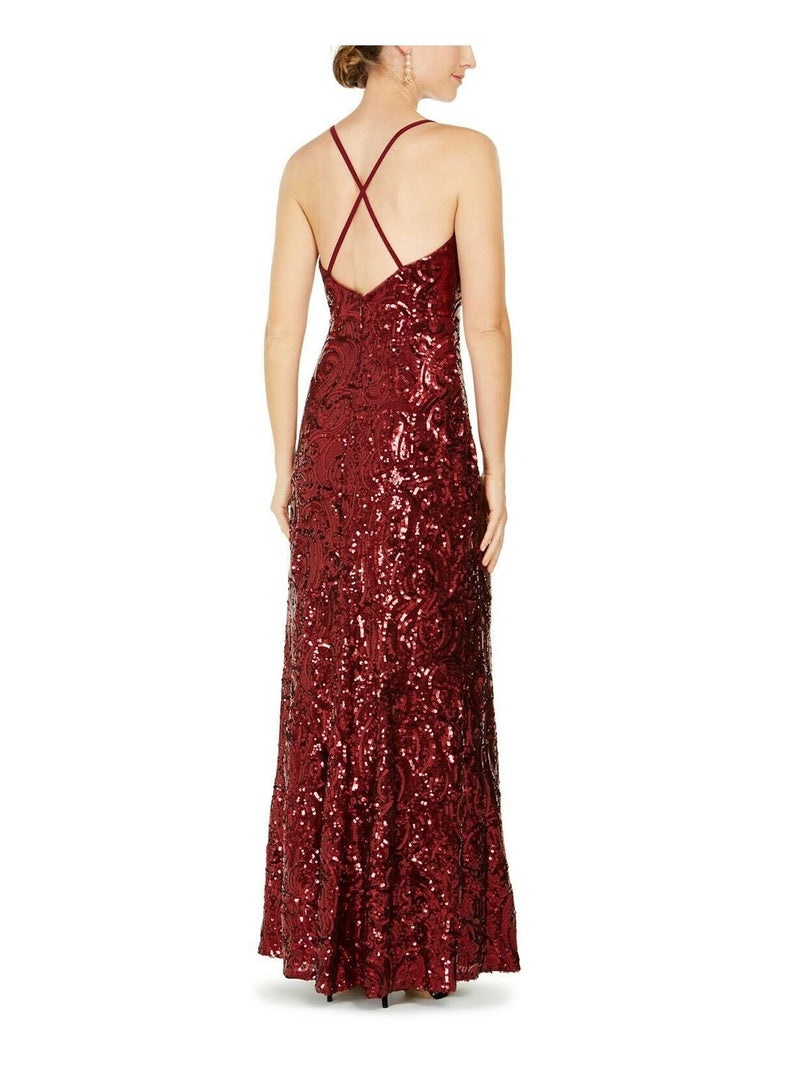 Red Illusion Sequined Cross-Back Gown - Solo Stylez